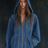 Women’s Loose Hooded Denim Jumpsuit – Long Sleeve & Zip Pocket