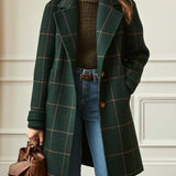 Women’s Mid-Length Winter Coat – Plaid Checked Outerwear
