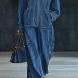 Women’s Loose Hooded Denim Jumpsuit – Long Sleeve & Zip Pocket