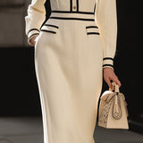 Tailored Midi Dress – Button Front & Contrast Trim Detail