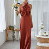 Chic Satin Halter Maxi Dress for Bridesmaids
