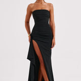 Black Satin Maxi Dress – Cowl Neck & Lace Back