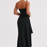 Black Satin Maxi Dress – Cowl Neck & Lace Back