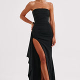 Black Satin Maxi Dress – Cowl Neck & Lace Back